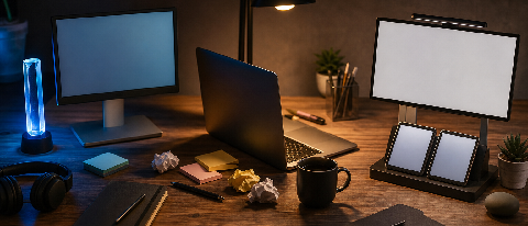 Three modular workbench terminals lined up on a desk representing different MCP client workflows.