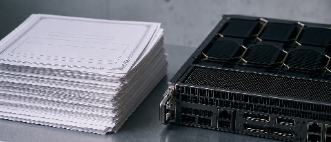 A balanced scale comparing a physical voucher against a server rack component