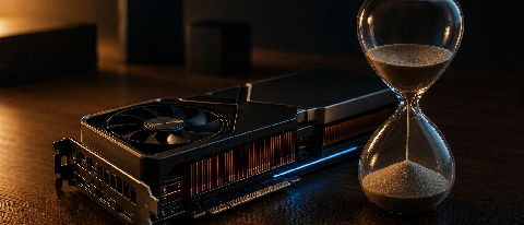 A still life of a single GPU card leaning against an hourglass on a dark desk, evoking time as the scarce resource in AI compute leasing.