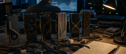 A developer at a desk surrounded by mismatched GPU cards, tangled adapter cables, and scattered paper notes.