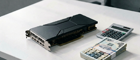 A minimalist desk setup featuring a single graphics card and a calculator, symbolizing the financial calculation of local AI deployment.