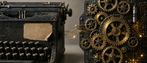A vintage typewriter with a faded 'Prompt Engineer' label, replaced by a modern, interconnected gear-and-circuit system, symbolizing the shift from standalone p
