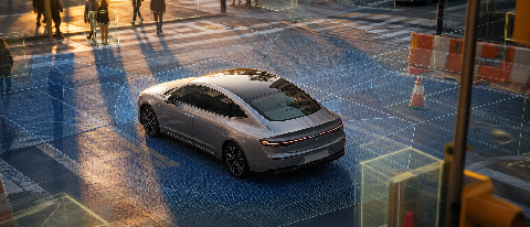 A conceptual editorial image showing a car's perspective navigating a complex urban intersection with layered visual cues representing semantic understanding.