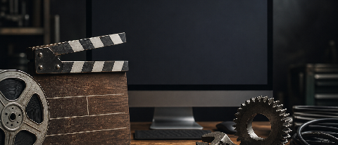 A cinematic clapperboard and film reel resting on a workbench next to industrial manufacturing tools and a blank monitor.