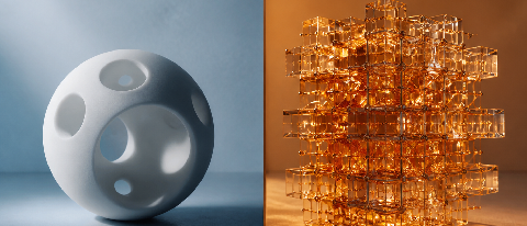 A conceptual editorial image showing a split composition of a cool, minimalist stone sphere representing efficient sparse calculation on one side, and a warm, i