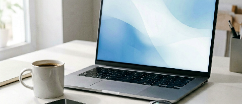 A modern workspace featuring a laptop displaying a blank screen next to a high-end product and a stylized digital interface element, symbolizing AI-assisted e-c