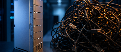 A complex, tangled server rack cable bundle representing the difficulty of changing infrastructure