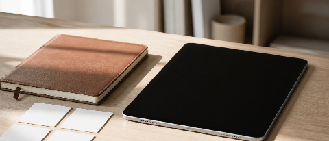 A clean, modern desk setup with a notebook and digital devices representing structured knowledge management