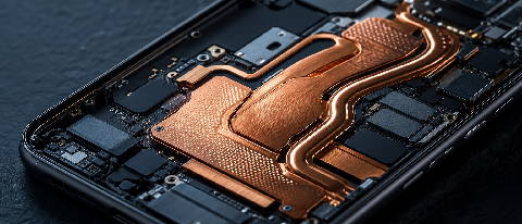 A close-up editorial shot of a smartphone chassis with visible internal heat dissipation components, emphasizing thermal engineering.