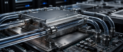 Close-up of a modern server rack with visible liquid cooling pipes and cold plates on processor modules