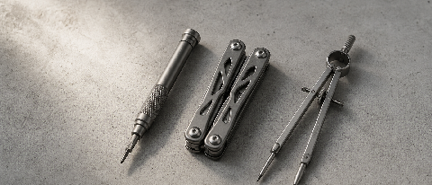Three different professional precision tools arranged on a minimalist grey surface.