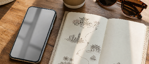 A wooden desk with a smartphone displaying a route map and travel icons, beside a paper notebook with a pencil.