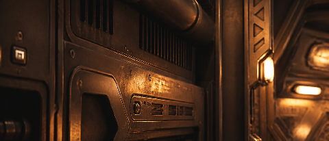 A detailed view of a realistic spaceship interior set with practical lighting