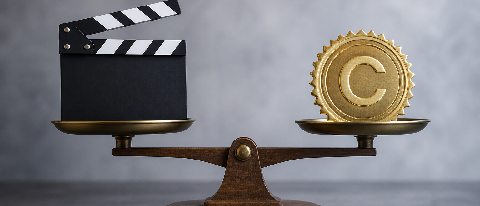 A balanced scale weighing a digital script against a copyright seal