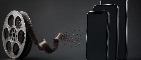 A cinematic film reel dissolving into vertical smartphone screens and digital fragments
