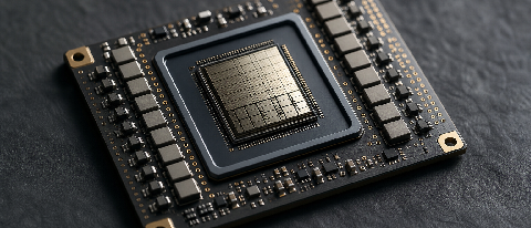A conceptual editorial shot of a sleek, minimalist electronic circuit board component resting on a dark, textured surface, symbolizing precision engineering and