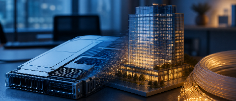 A symbolic representation of AI computing power transitioning into tangible industrial applications