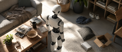 A sleek humanoid robot navigating a detailed, photorealistic indoor environment with furniture and obstacles, symbolizing embodied AI and 3D scene understanding