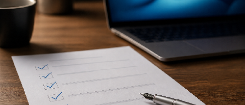 A close-up of a hand holding a pen over a printed university admission checklist, with a blurred laptop screen in the background