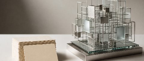 A split composition showing a stack of labeled data cards on one side and a complex, abstract geometric structure representing advanced AI logic on the other, s