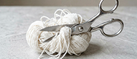 A minimalist editorial still life showing a tangled ball of white yarn next to a pair of sharp scissors on a clean desk, symbolizing the need to cut through con