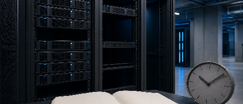 Editorial still life of a server rack with some slots active and others empty, beside an open ledger and a wall clock