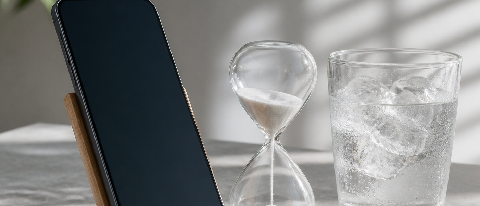 A minimalist editorial still-life photo featuring a smartphone resting on a wooden stand next to a sand hourglass and a glass of iced water on a sunlit table.