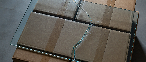 A cracked smartphone screen reflecting a frustrated face next to a pile of returned packages
