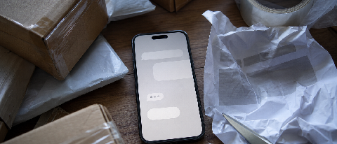 A smartphone displaying a blank chat interface, resting on a messy desk cluttered with return parcels, packing tape, and a printed return policy document, symbo