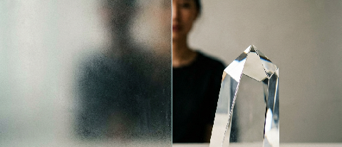 A split composition showing a blurred, shadowy human silhouette on one side and a crisp, transparent geometric prism on the other, symbolizing the shift from de