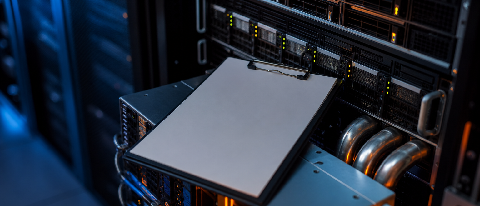 A server rack with a clipboard showing cost reduction data