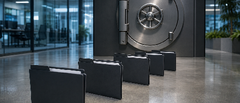 Multiple vendor folders converging on a single bank vault door in a modern office park corridor
