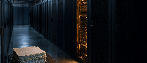 A quiet data center aisle with mostly empty server racks, a single active rack glowing softly, and a small stack of invoices on a side table.