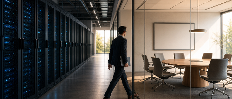 Industrial park corridor with server racks on one side and a meeting room on the other