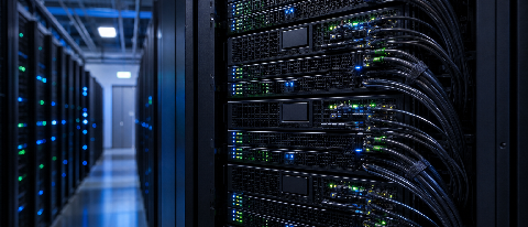 A server rack in a modern data center with cool blue lighting and blinking LED lights.