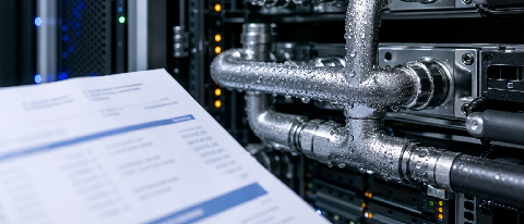 A close-up of liquid cooling pipes on a server rack with condensation, next to a blurred electricity bill.