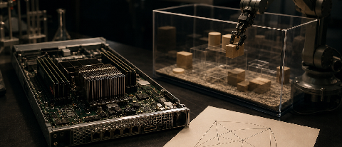 A modular editor's still life: bracketed scales of compute, arenas, and abstractions representing BIGAI's AGI experiment table.