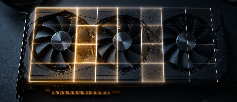 Overhead view of a single GPU physically split into multiple illuminated rental segments