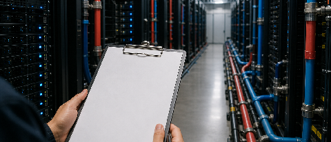 Security checklist on clipboard in front of server racks with liquid cooling pipes