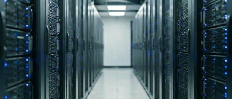 Modern data center server racks with blue indicator lights