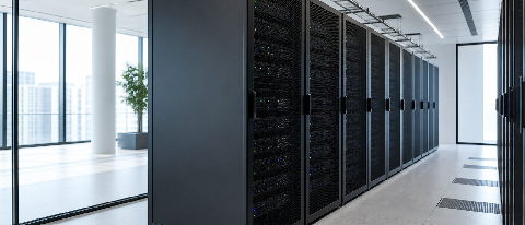 Modern data center interior with server racks in a bright office environment