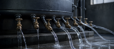 A large industrial water tank feeding multiple thin pipes with valves, illustrating how nominal capacity shrinks to usable flow.