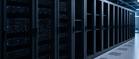 Empty server racks in a cold data center representing low utilization