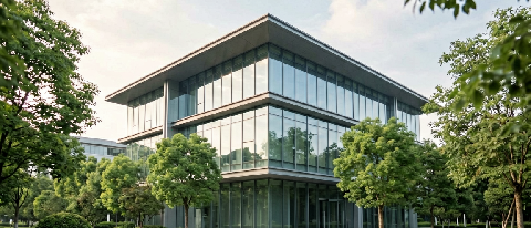 Modern architectural view of an AI innovation park campus