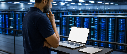 Editorial image of a data scientist in a modern data center, illustrating the new challenges in AI model training with accessible computing infrastructure.