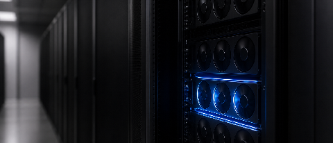 A server rack in a data center aisle, with only some GPU units illuminated to represent idle versus active computing power.