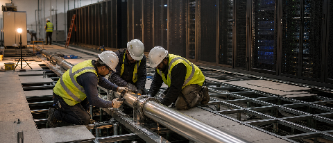 Workers installing large stainless steel coolant pipes in a stripped-down datacenter hall, symbolizing a retrofit from air cooling to liquid cooling.