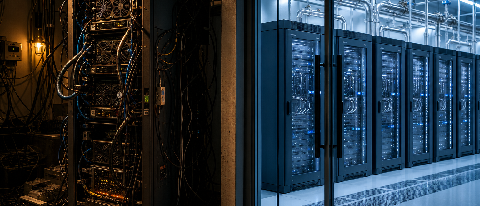 Editorial still life comparing two GPU server setups: a costly standalone rig versus a subsidized shared rack