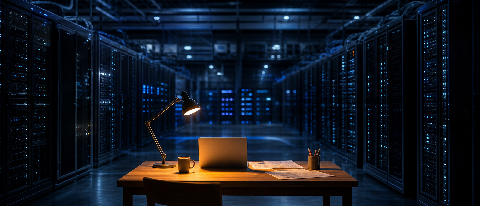 An editorial photograph depicting a small, warm-lit wooden desk positioned inside a vast, cold server room filled with dark computer racks.