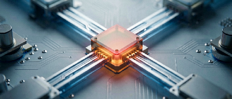 Abstract visualization of data flow encountering a bottleneck in a high-tech circuitry environment.